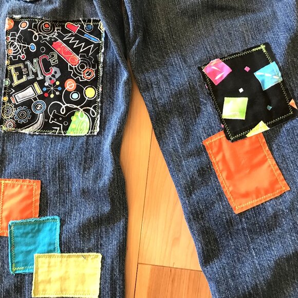 Boy’s Upcycled Patch Jeans, Size 10: Handmade Colorful Science Theme Patchwork - Picture 5 of 11